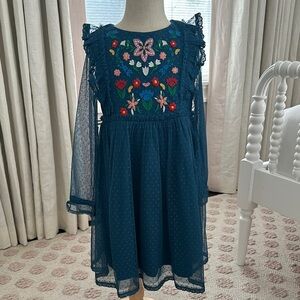 Teal Embroidered Kids Dress